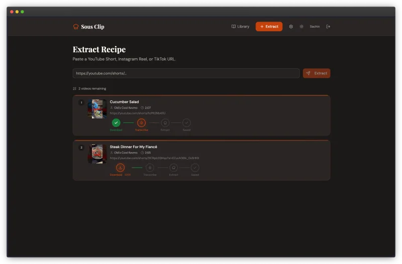 Extraction in progress: download, transcribe, extract and save steps