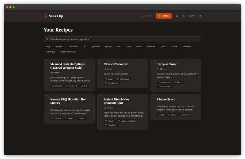 Sous Clip library: recipe cards with cooking times, ingredients and tags